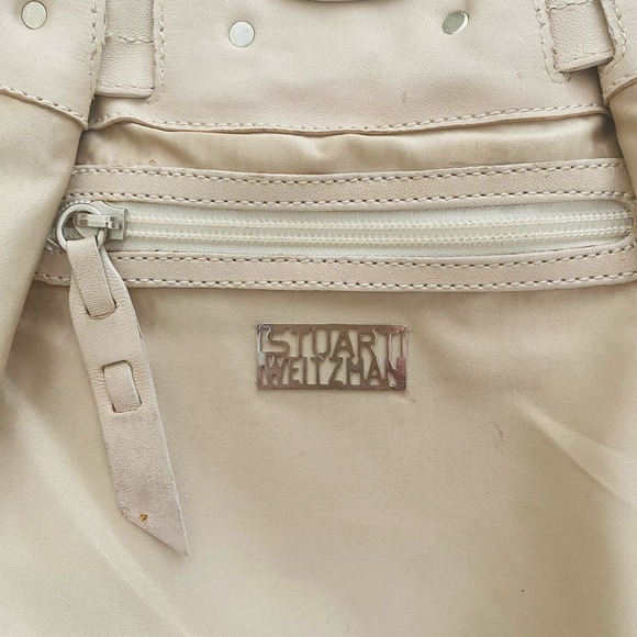 Stuart Weitzman Woven Fabric Leather Hobo Bag Cream Tan Sky Blue Tote Bag Charm - Picture 3 of 12